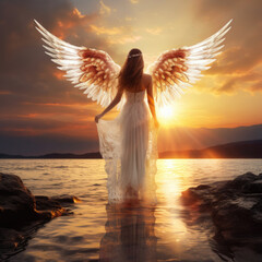 Woman with wings on a rock and looking on horizon of mountains. Angel girl. - 662601074