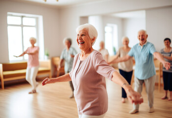 Group of smiling senior Asian people dancing while enjoying activities in retirement home, copy space