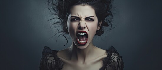 Fierce crying vintage woman with vampire teeth With copyspace for text - obrazy, fototapety, plakaty