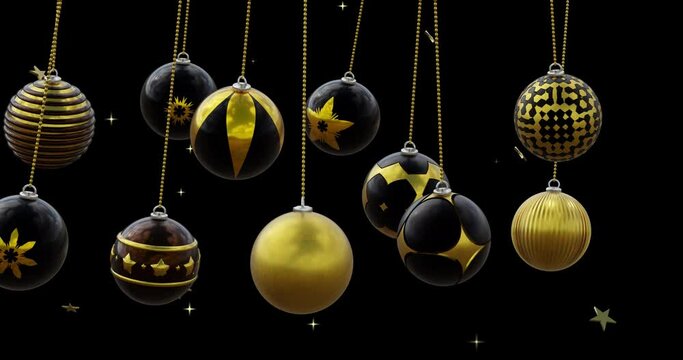 Black and gold christmas baubles swinging with gold stars on black background