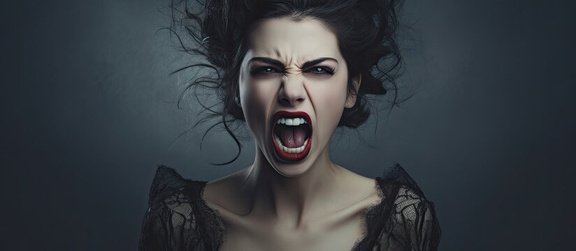Fierce crying vintage woman with vampire teeth With copyspace for text