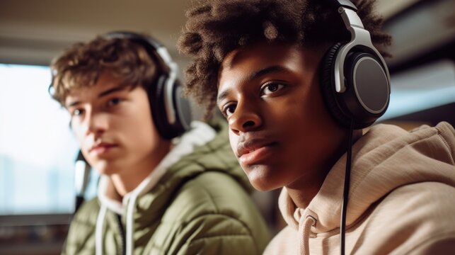 Teens record a podcast with dedication. - Powered by Adobe