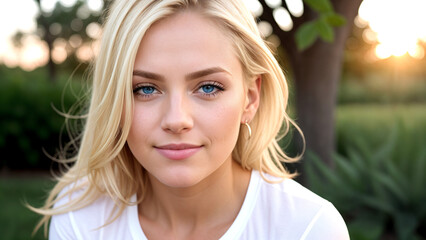 Naklejka premium Portrait blond woman in white t-shirt with green eyes, slight smile, closeup, sunrise