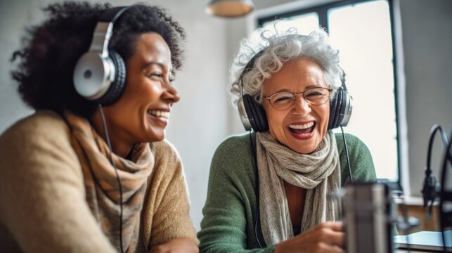 Seniors in headphones, diverse voices, recording podcast, fostering unity and understanding.