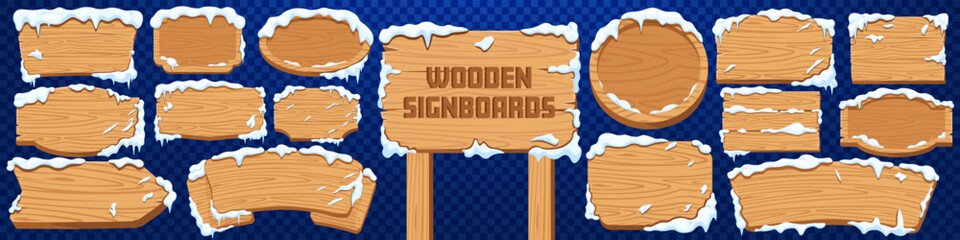 Wooden signboard icon set. Snowy style.