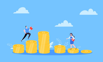 Salary and gender Inequality gap between women and men business concept flat style design vector illustration. Man and woman stand on its level of money incomes. Wealth and poor comparison.