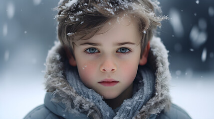 Boy in winter park close up