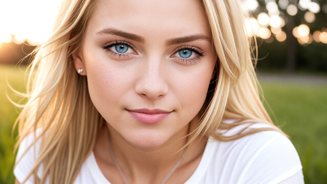 Portrait blond  woman in white t-shirt with green eyes, slight smile, closeup, sunrise