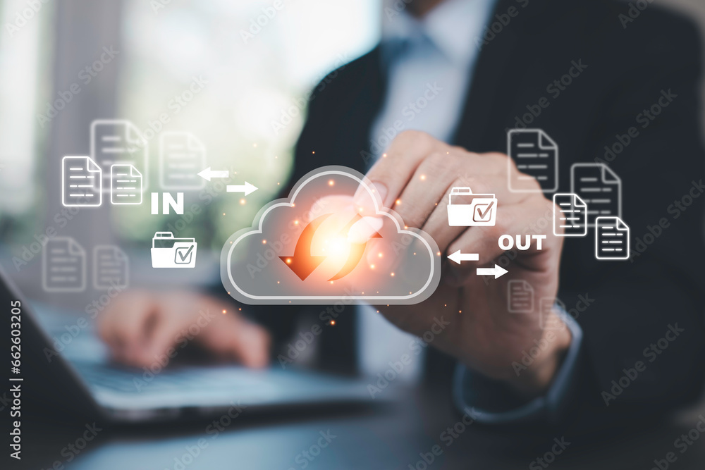 Poster business people using laptop with cloud computing system , storage and data transfer cloud network, 