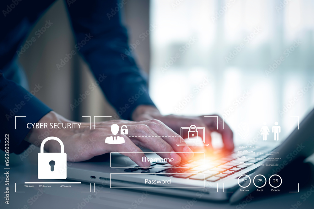 Poster cyber security and security password login online concept hands typing and entering username and pas