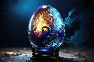 fantasy amazing luxury Easter painted egg in glass egg on blue background. Happy Easter magical,generative ai.