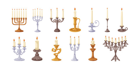 Candle light in vintage candlesticks, victorian classic holders designs set. Ancient metal candelabra, old traditional wax decorations. Flat graphic vector illustrations isolated on white background