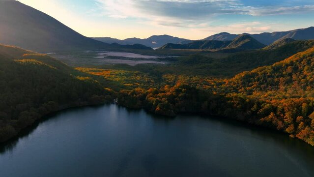 Spectacular aerial view of mountain lake and autumn forest in Japan, lake Chuzenji and Nikko natural park in autumn, beautiful Japanese nature in autumn