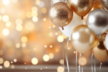 Chromed gold and silver balloons. Congratulatory composition of balloons on a blurred background