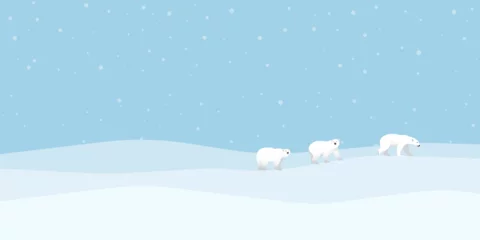 Cercles muraux Bleu clair Polar bears family walking on ice have snowfall at North Pole vector illustration. Snow landscape concept with blank space.