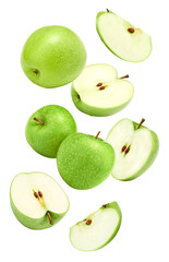 flying green apples isolated on white background. clipping path