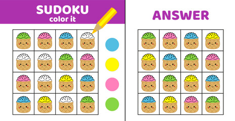 Sudoku. Scoop ice cream. Coloring sudoku with ice cream. Squishmallow Cartoon