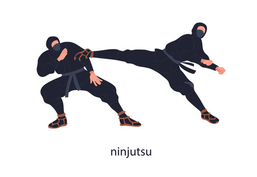 Ninjutsu fighters opponents. Japan ninja warriors wrestling, fighting in battle, combat. Japanese wrestlers in masks. Rival attacking, kicking. Flat vector illustration isolated on white background