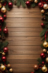 A large, round Christmas wreath is decorated with a variety of red, gold, and green ornaments. The wreath is made of pine branches and has a wooden background