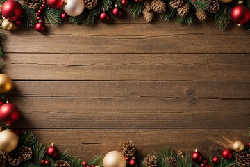 A large, round Christmas wreath is decorated with a variety of red, gold, and green ornaments. The wreath is made of pine branches and has a wooden background
