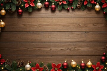 A large, round Christmas wreath is decorated with a variety of red, gold, and green ornaments. The wreath is made of pine branches and has a wooden background