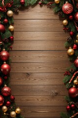 A large, round Christmas wreath is decorated with a variety of red, gold, and green ornaments. The wreath is made of pine branches and has a wooden background