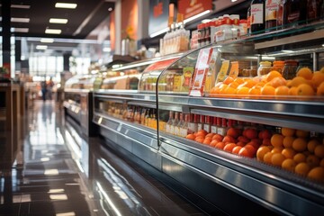 Fototapeta premium A large supermarket has a wide aisle full of fruit and vegetables, bright lighting from bulbs. Generative AI