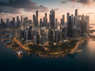 Beautiful shot of tall city buildings under a cloudy sky at day and night