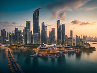 Beautiful shot of tall city buildings under a cloudy sky at day and night