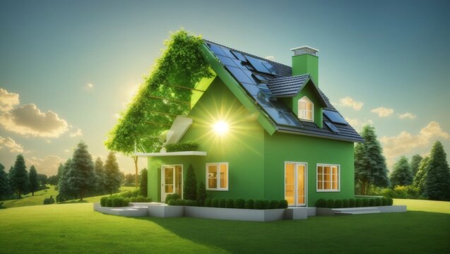 The image portrays a conceptual representation of a green home and environmentally friendly construction. It includes a house icon placed on a lush green lawn, with the sun shining overhead.