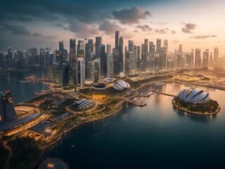 Beautiful shot of tall city buildings under a cloudy sky at day and night