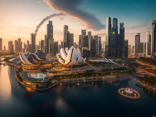Beautiful shot of tall city buildings under a cloudy sky at day and night