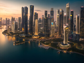 Beautiful shot of tall city buildings under a cloudy sky at day and night