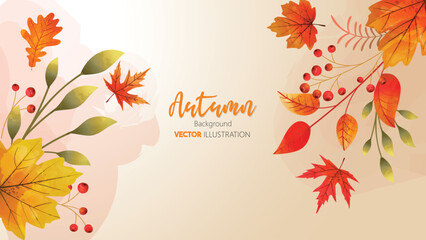 Watercolor abstract background autumn collection with maple and seasonal leaves. Hand painted style vector illustration.