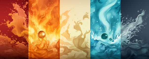 Abstract four elements concept art, Earth, Fire, Air, Water background Generative AI