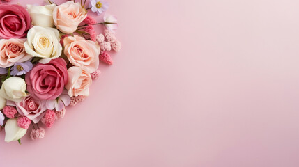 Flowers for Valentine's Day on a seamless pastel pink background. Top view. Flat layer