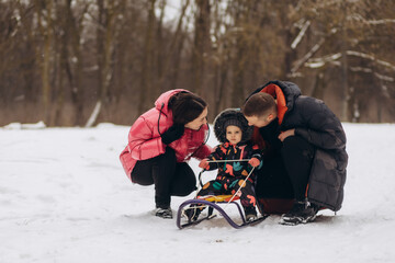 Happy family sledging in park on winter day