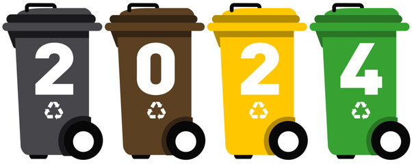 Bonne Année 2024 poubelles recyclage - obrazy, fototapety, plakaty