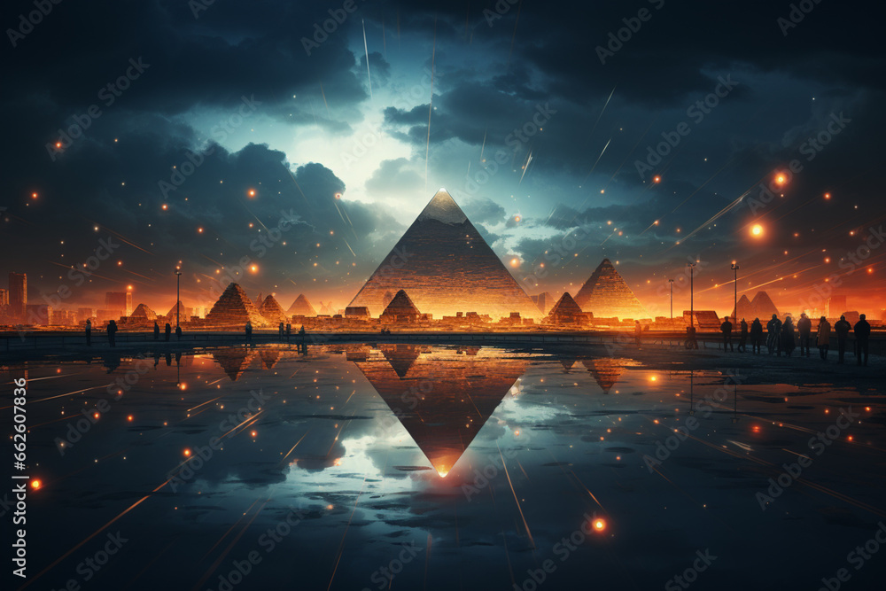 Poster this image of the pyramids of giza in your style features a mesmerizing composition of abstract and 