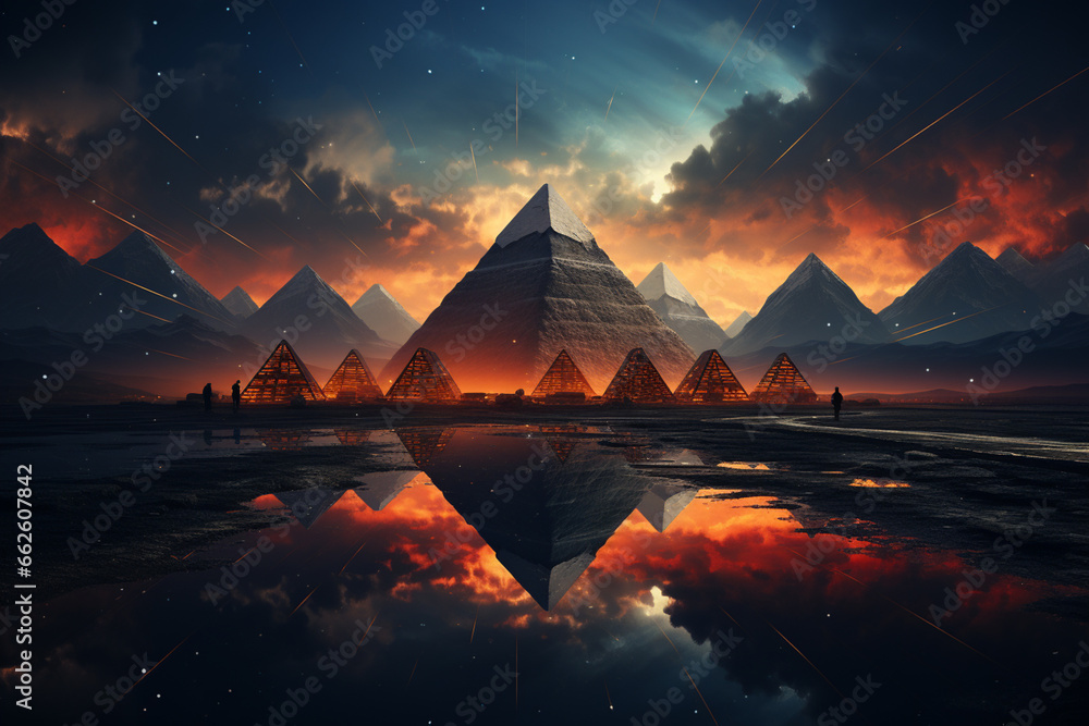 Leinwandbilder This image of the Pyramids of Giza in your style features a mesmerizing composition of abstract and geometric elements. 