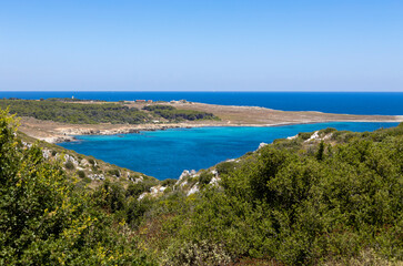 Panoramic view of the Bay of the Orte near the seaside town of Otranto, province of Lecce, Puglia, Italy