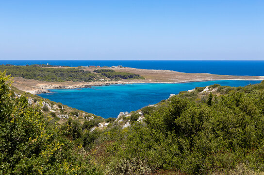 Panoramic view of the Bay of the Orte near the seaside town of Otranto, province of Lecce, Puglia, Italy