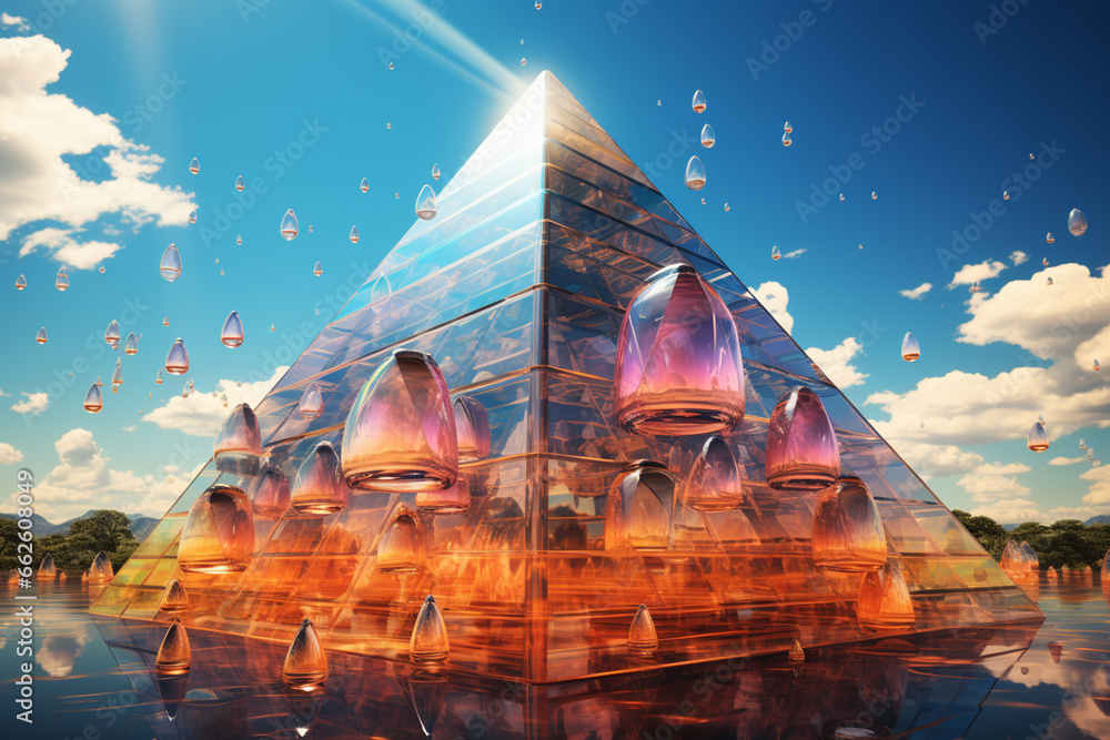 Poster  In this artwork, the Great Pyramid of Chichen Itza is depicted as an abstract and inflated structure 