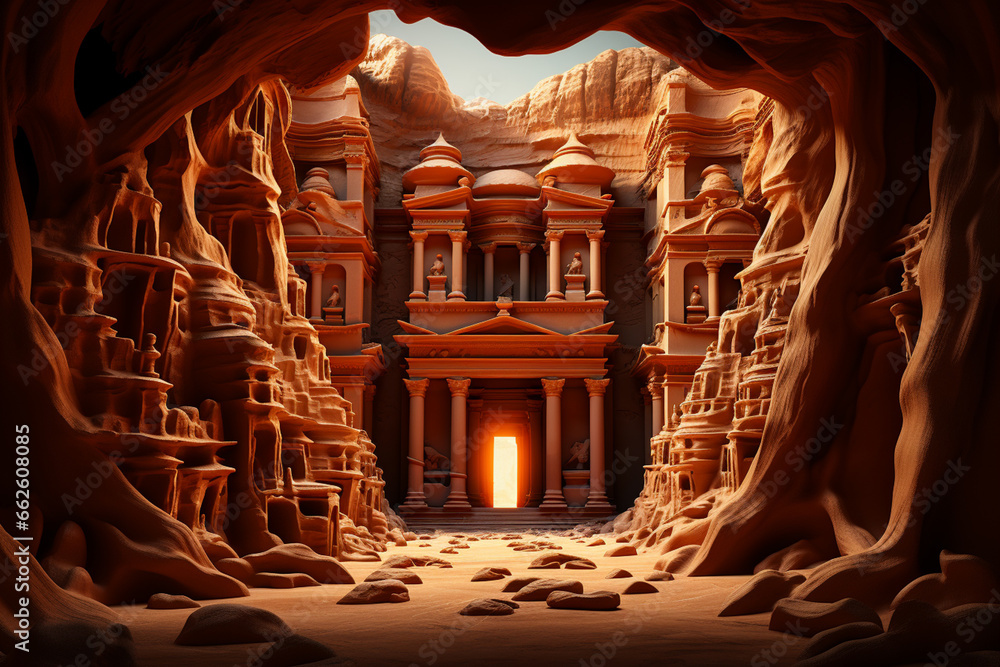 Aufkleber this artwork depicts the iconic treasury building in petra using abstract and geometric elements.