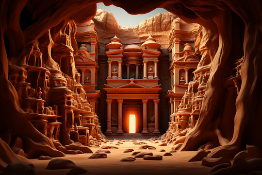  This artwork depicts the iconic Treasury building in Petra using abstract and geometric elements.  