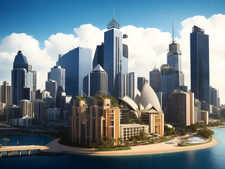 Beautiful shot of tall city buildings under a cloudy sky at day and night