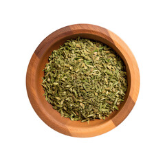 top view of thyme in a wooden bowl isolated on a white transparent background