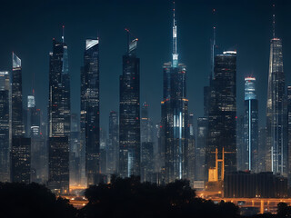 Beautiful shot of tall city buildings under a cloudy sky at day and night