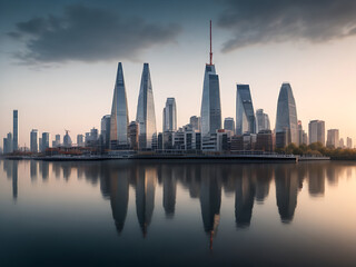 Fototapeta na wymiar Beautiful shot of tall city buildings under a cloudy sky at day and night