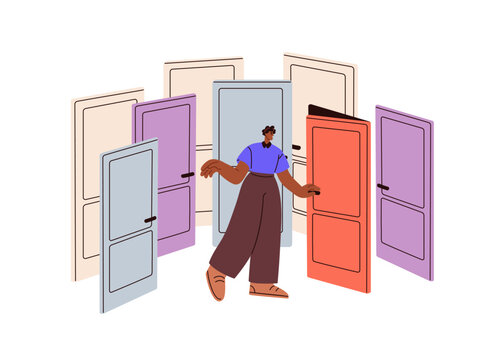 Choice and decision making concept. Person choosing door way to enter. Character searching, finding life chances, opportunities, attempts. Flat vector illustration isolated on white background